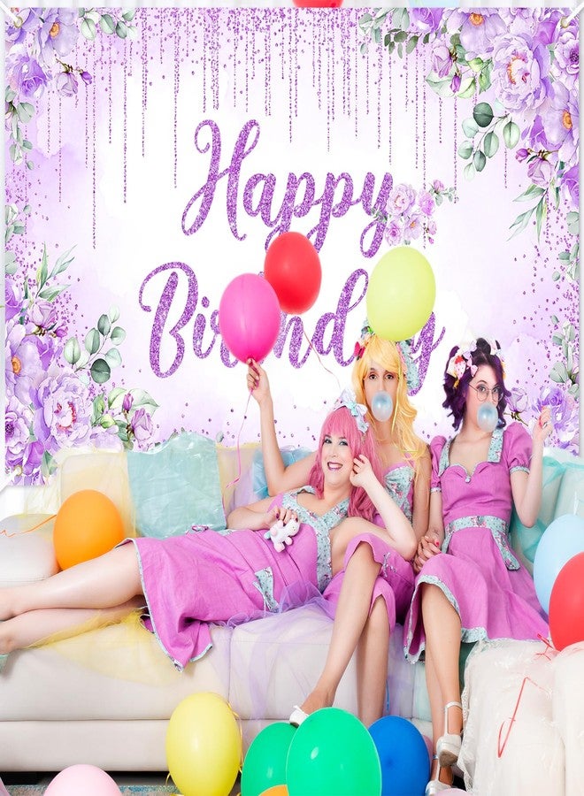 Avezano Happy Birthday Backdrop Banner for Girls Women Happy Birthday Party Decorations Floral Glitters Bday Banner Party Supplies (Purple, 6x3.6ft) - Image 3